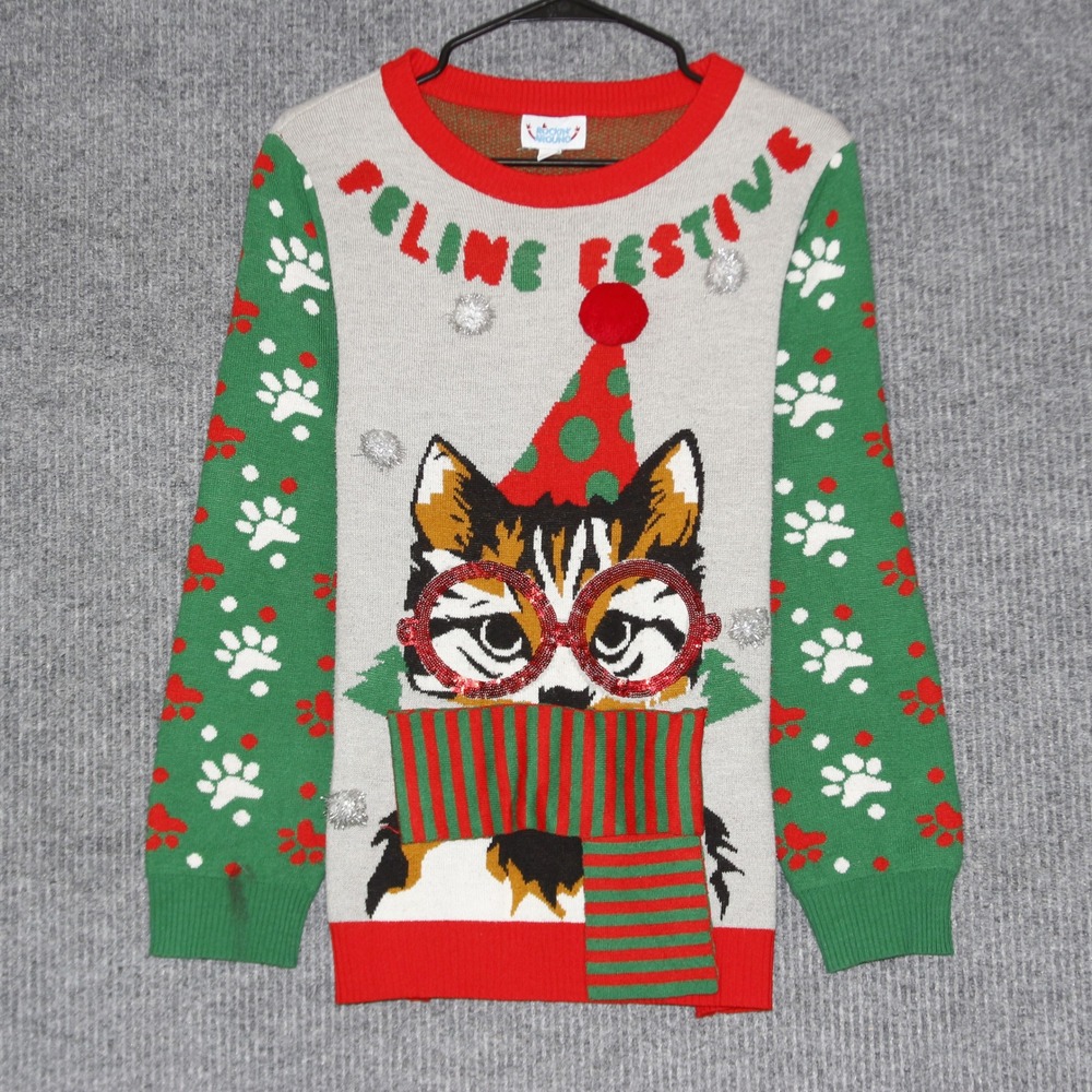Rockin Around‎ Womens Size Small Ugly Christmas Sweater Cat Festive